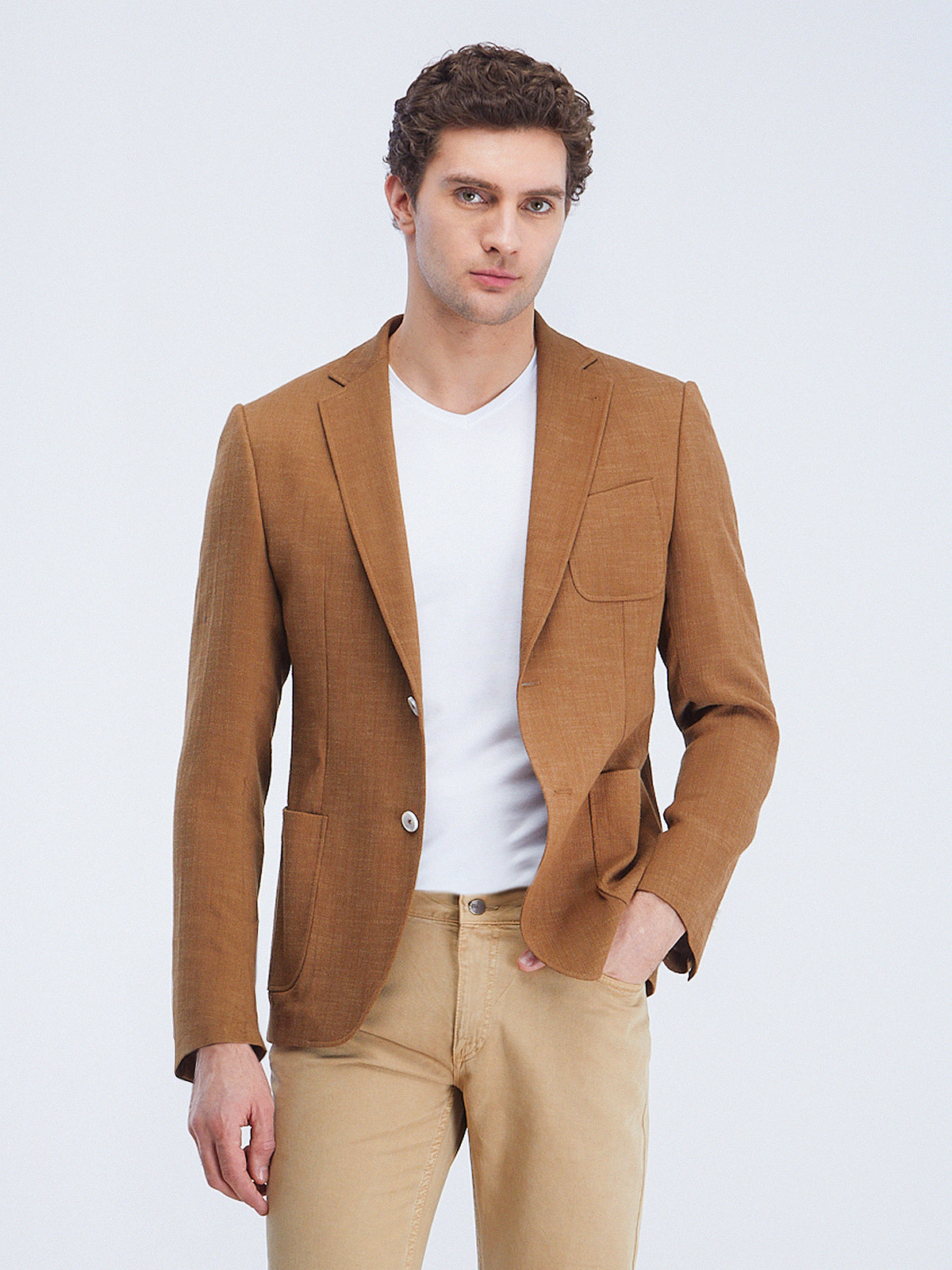 Deve Tüyü Düz Modern Fit Pamuk Karışımlı Ceket