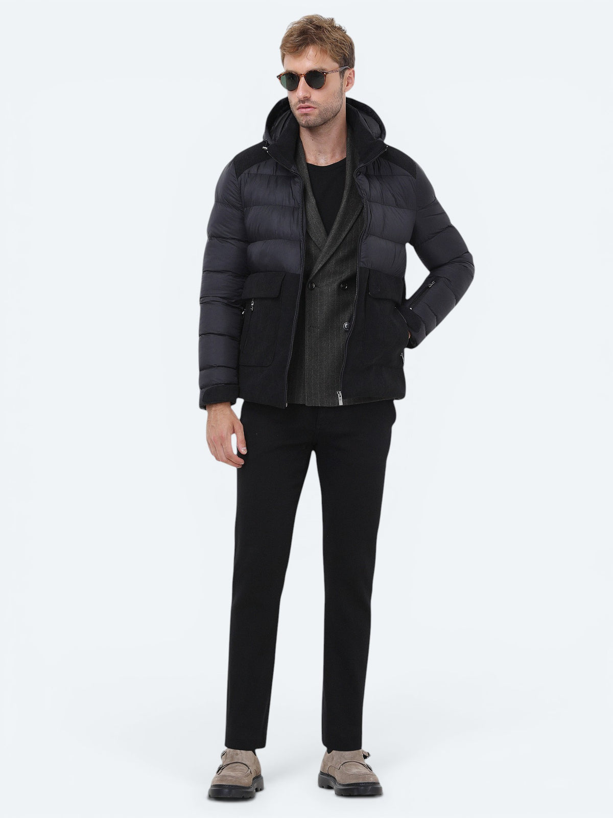 Siyah Regular Fit Kapüşonlu Casual Dokuma Mont