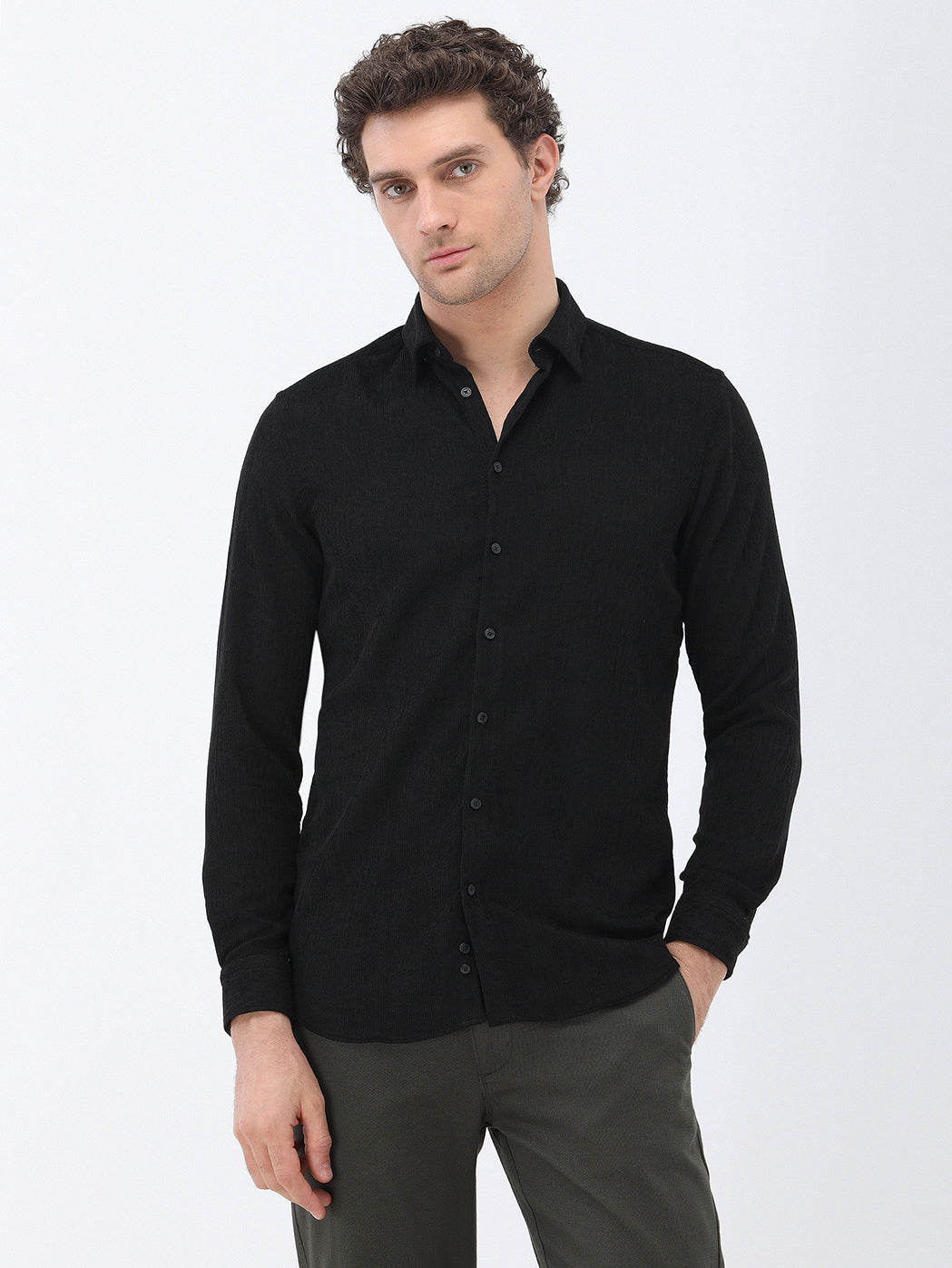Siyah Regular Fit Uzun Dokuma Kadife Casual Pamuk Karışımlı Gömlek