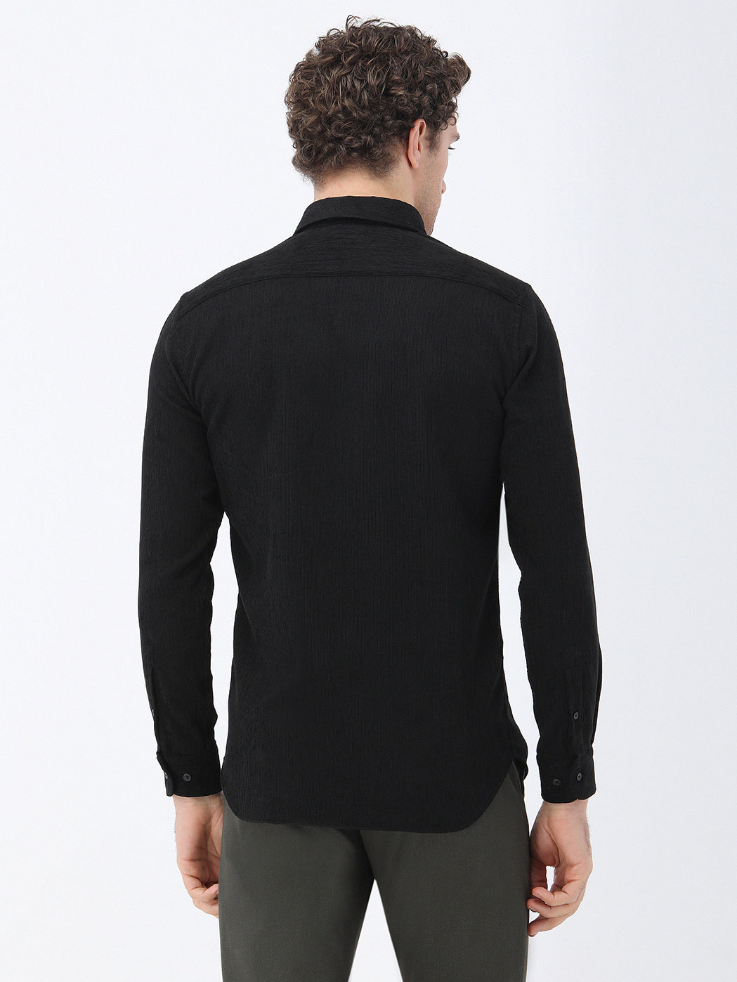 Siyah Regular Fit Uzun Dokuma Kadife Casual Pamuk Karışımlı Gömlek
