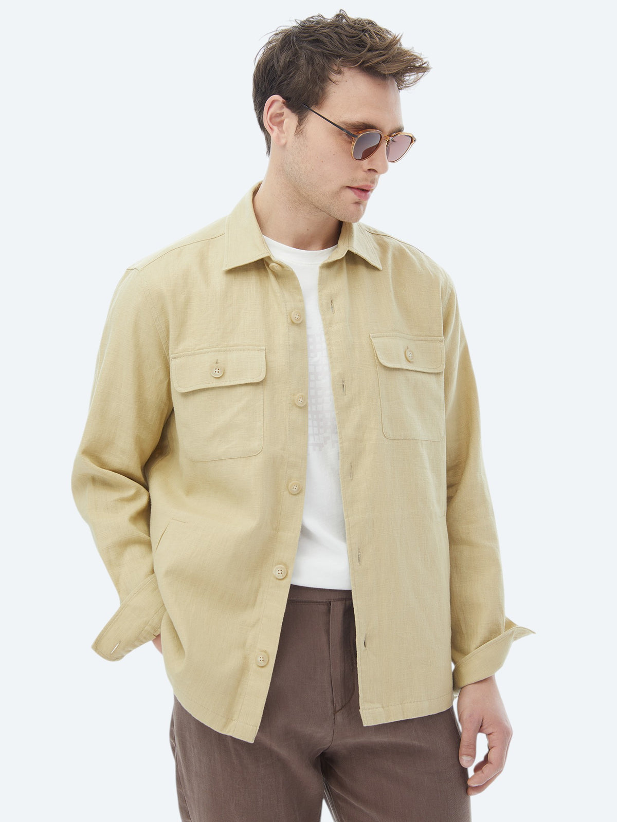 Yağ Yeşili Düz Regular Fit Dokuma Overshirt