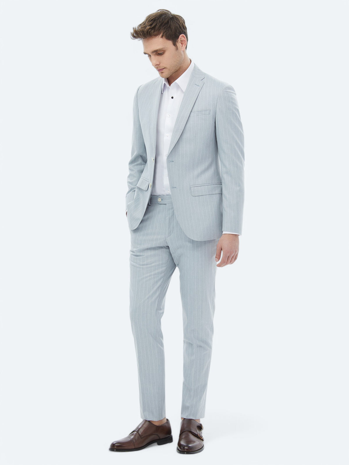 Açık Mavi Çizgili Slim Fit Takım Elbise