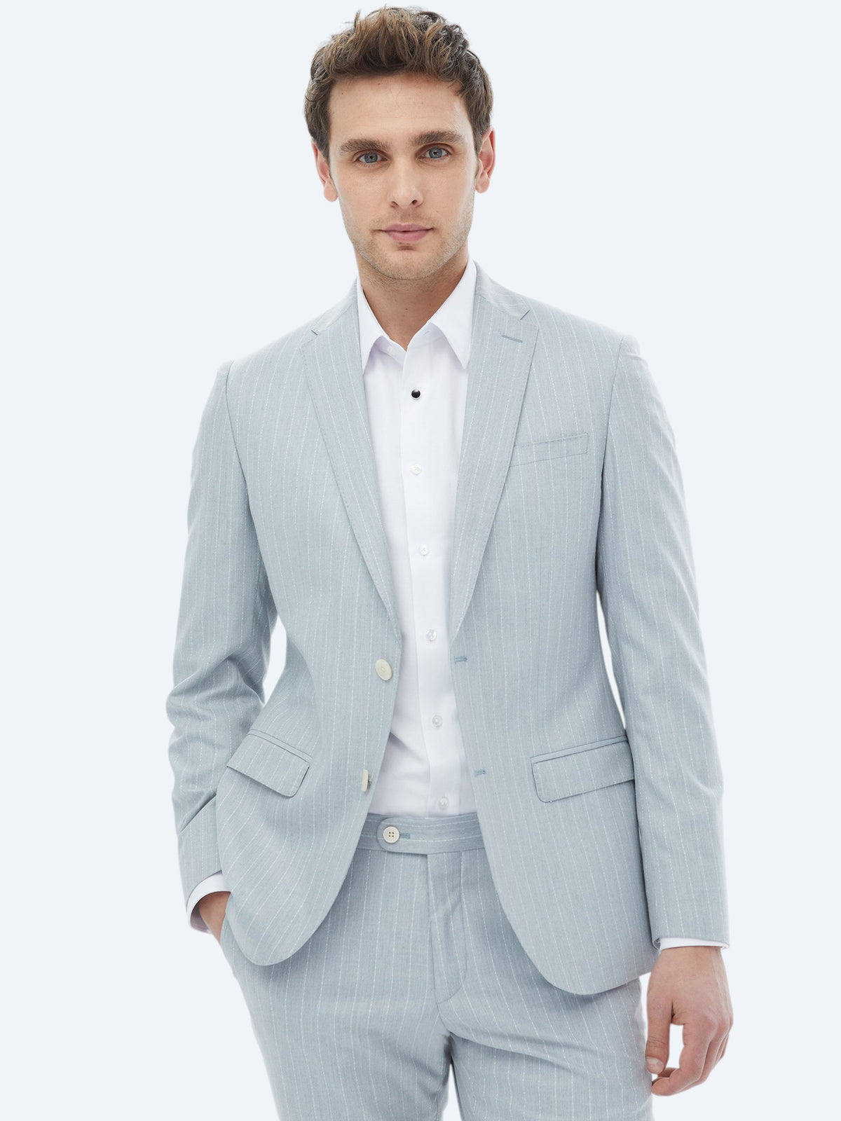 Açık Mavi Çizgili Slim Fit Takım Elbise