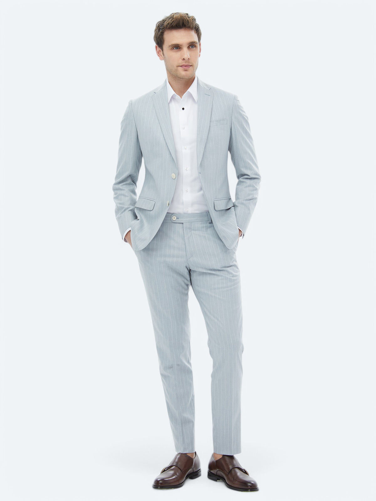 Açık Mavi Çizgili Slim Fit Takım Elbise