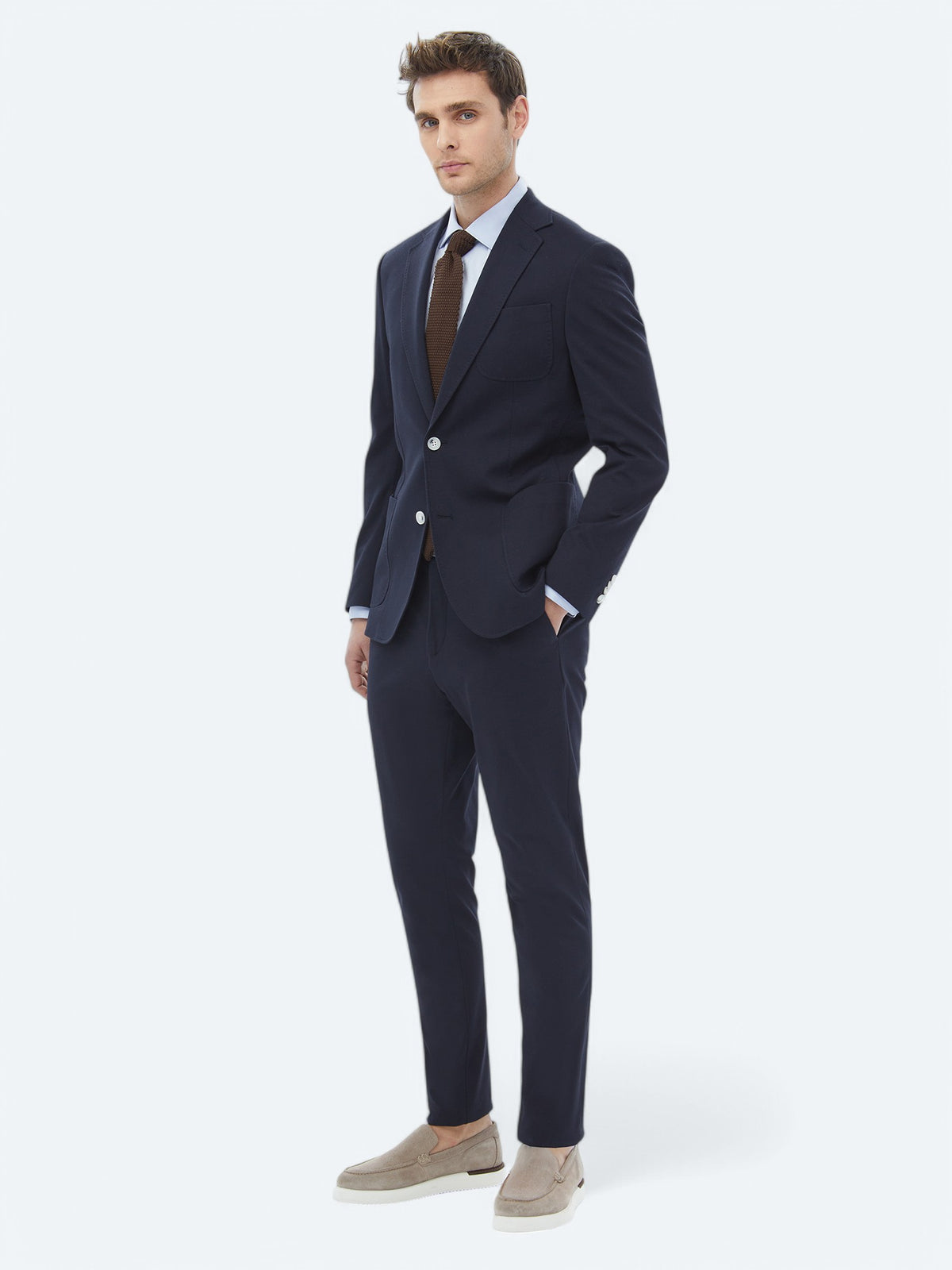Lacivert Düz Modern Fit Pamuk Karışımlı Örme Takım Elbise