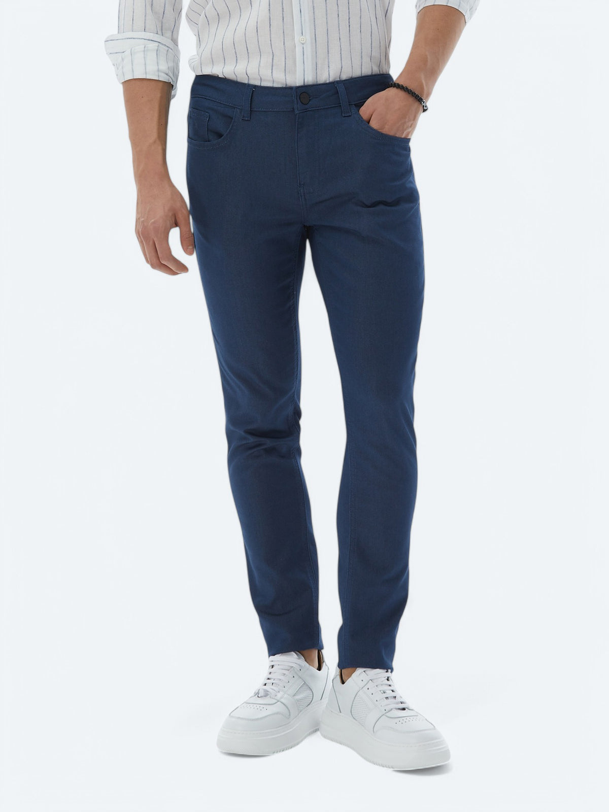Lacivert Dokuma Slim Fit Casual Pamuk Karışımlı Pantolon