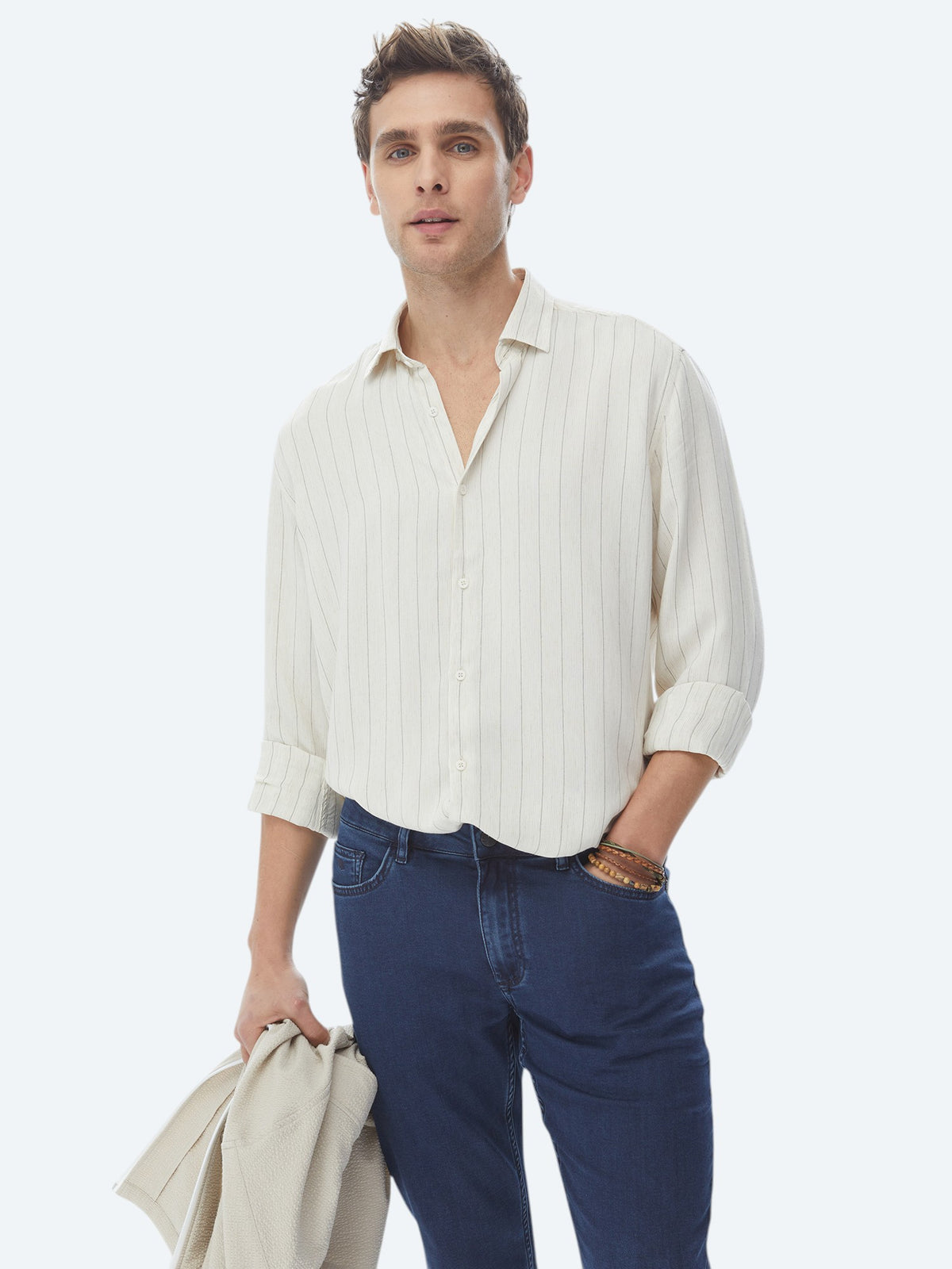 Bej Çizgili Regular Fit Uzun Dokuma Casual Keten Karışımlı Gömlek