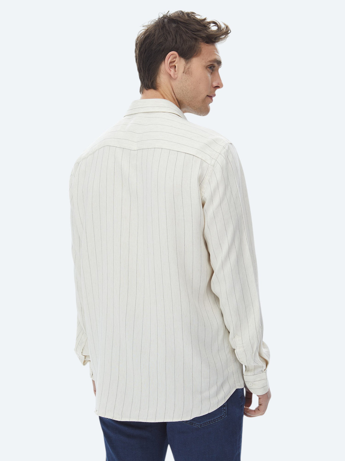 Bej Çizgili Regular Fit Uzun Dokuma Casual Keten Karışımlı Gömlek