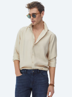 Bej Düz Regular Fit Uzun Dokuma Casual Gömlek