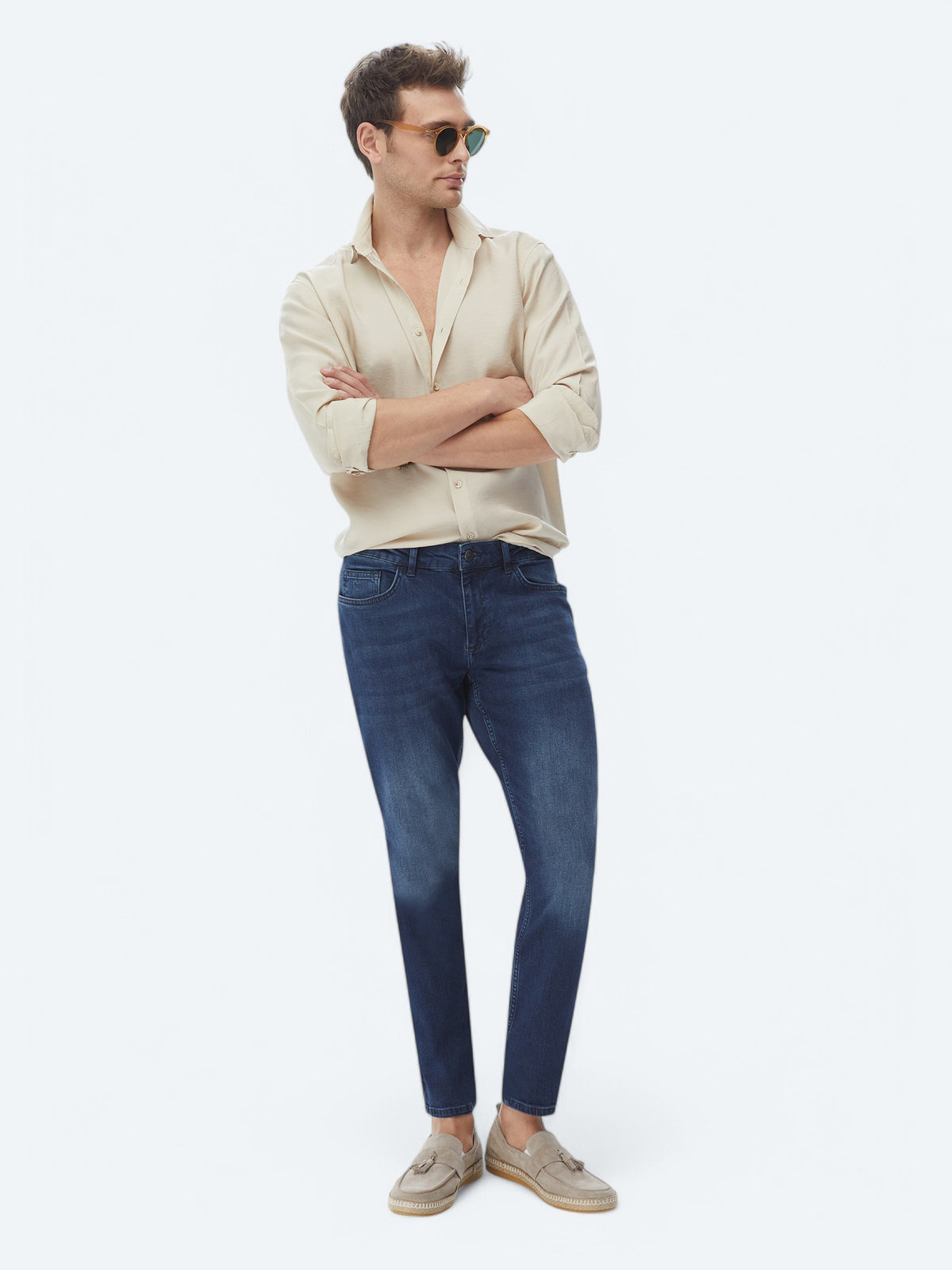 Bej Düz Regular Fit Uzun Dokuma Casual Gömlek
