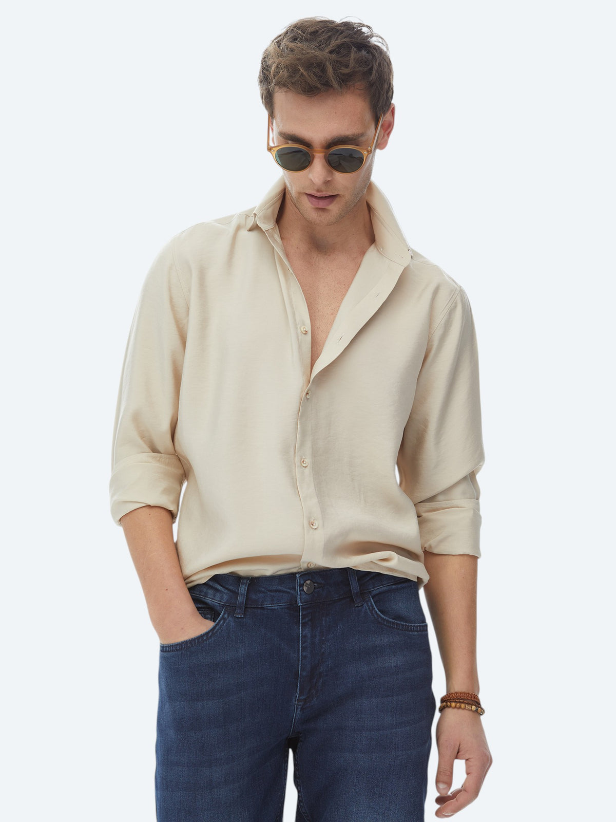 Bej Düz Regular Fit Uzun Dokuma Casual Gömlek