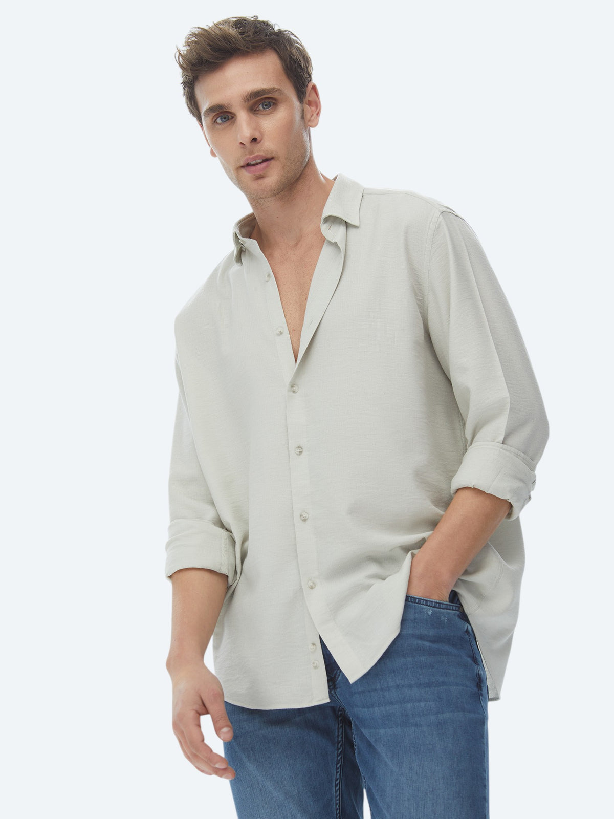 Açık Haki Regular Fit Uzun Dokuma Casual Gömlek