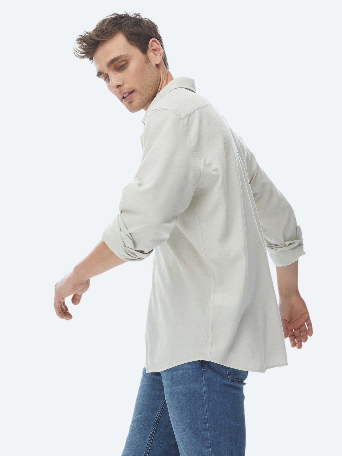 Açık Haki Regular Fit Uzun Dokuma Casual Gömlek