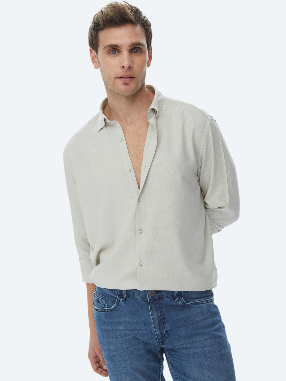 Açık Haki Regular Fit Uzun Dokuma Casual Gömlek