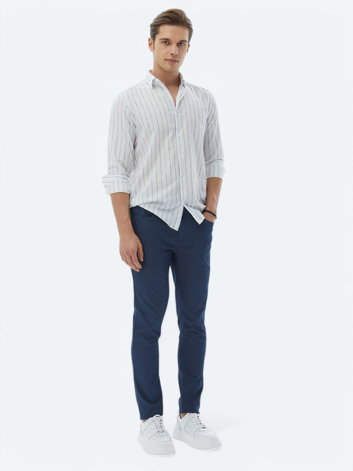 Lacivert Çizgili Regular Fit Uzun Dokuma Casual Pamuk Karışımlı Gömlek
