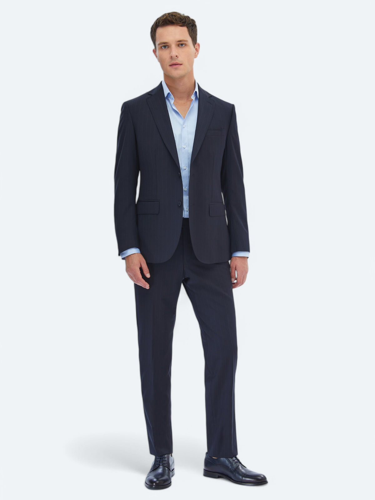 Lacivert Çizgili Modern Fit Yün Karışımlı Takım Elbise