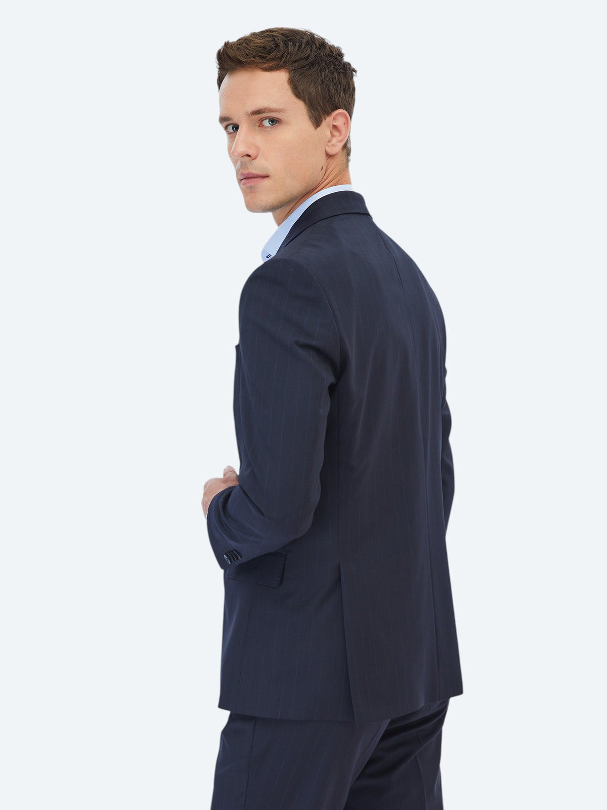 Lacivert Çizgili Modern Fit Yün Karışımlı Takım Elbise