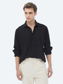 Siyah Regular Fit Uzun Dokuma Casual Gömlek