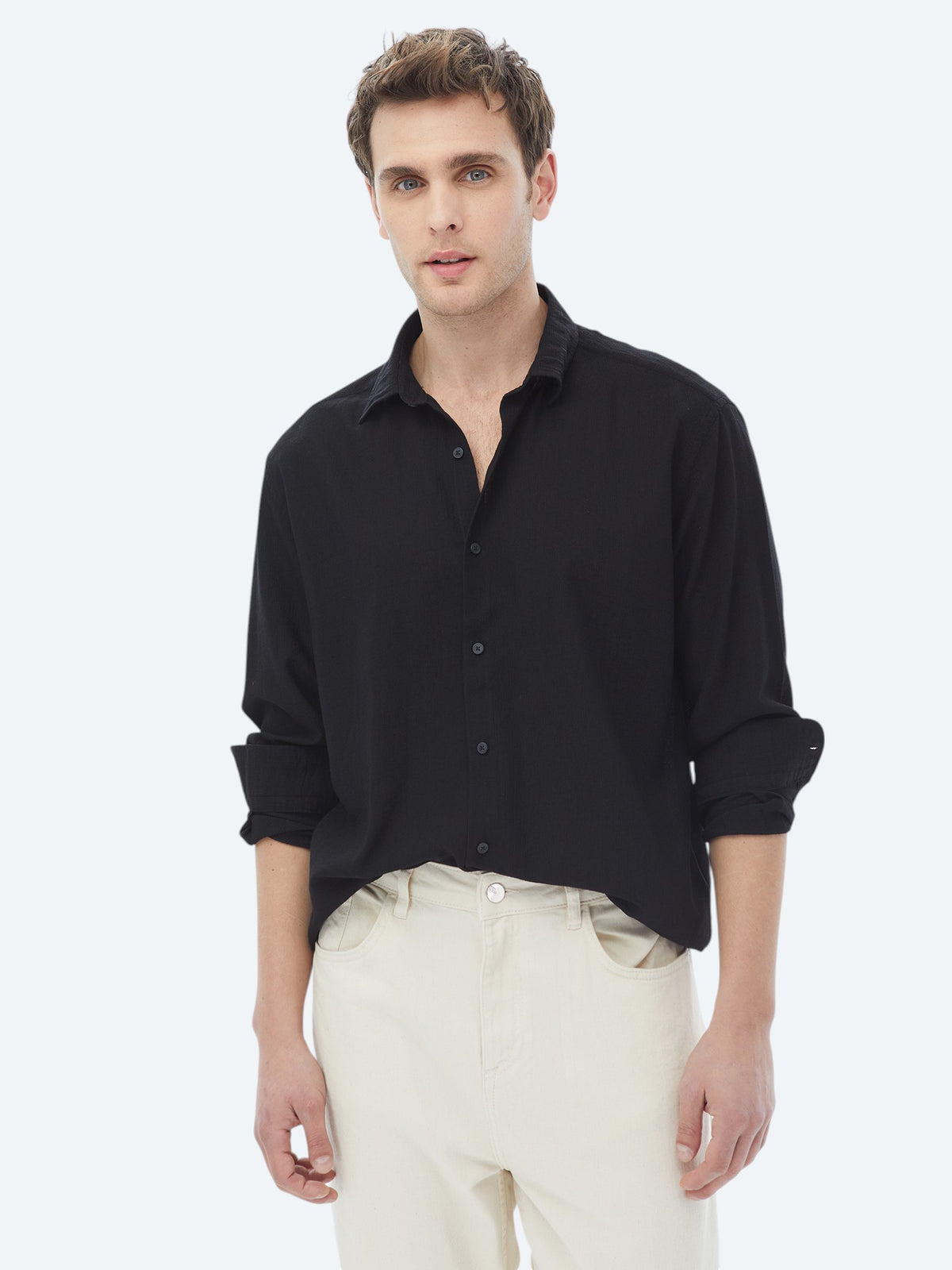 Siyah Regular Fit Uzun Dokuma Casual Gömlek