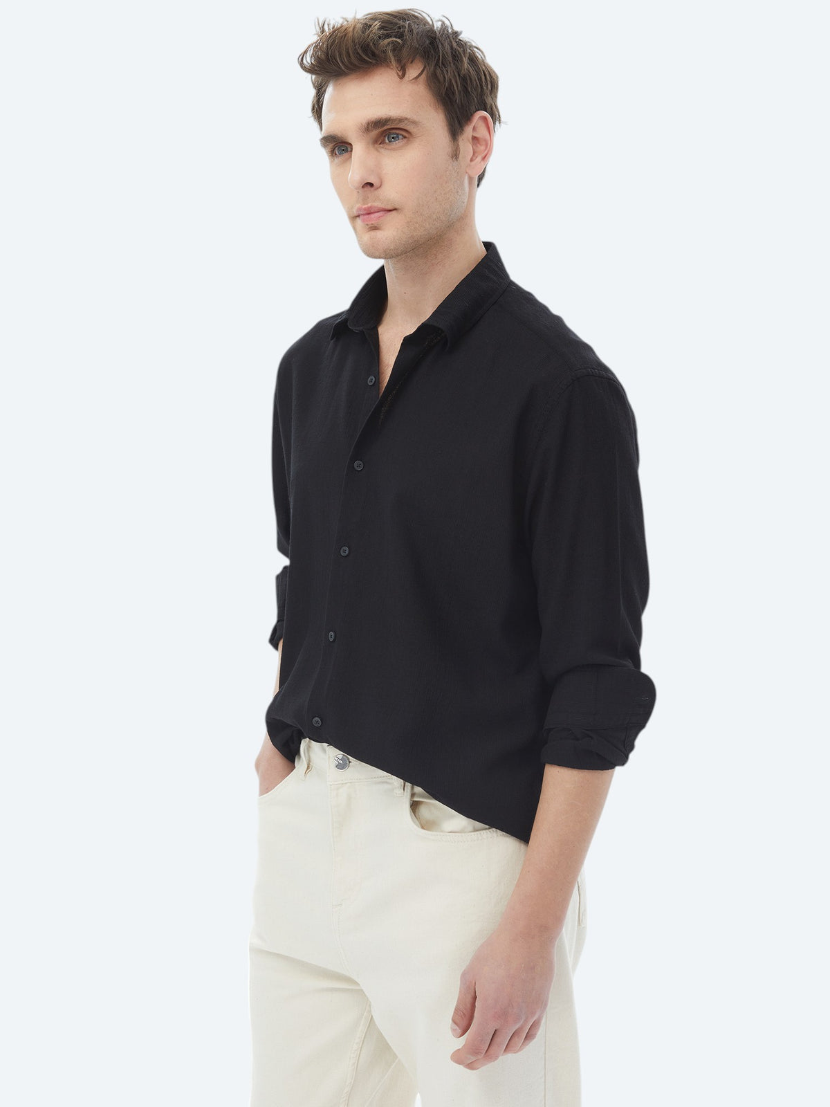Siyah Regular Fit Uzun Dokuma Casual Gömlek