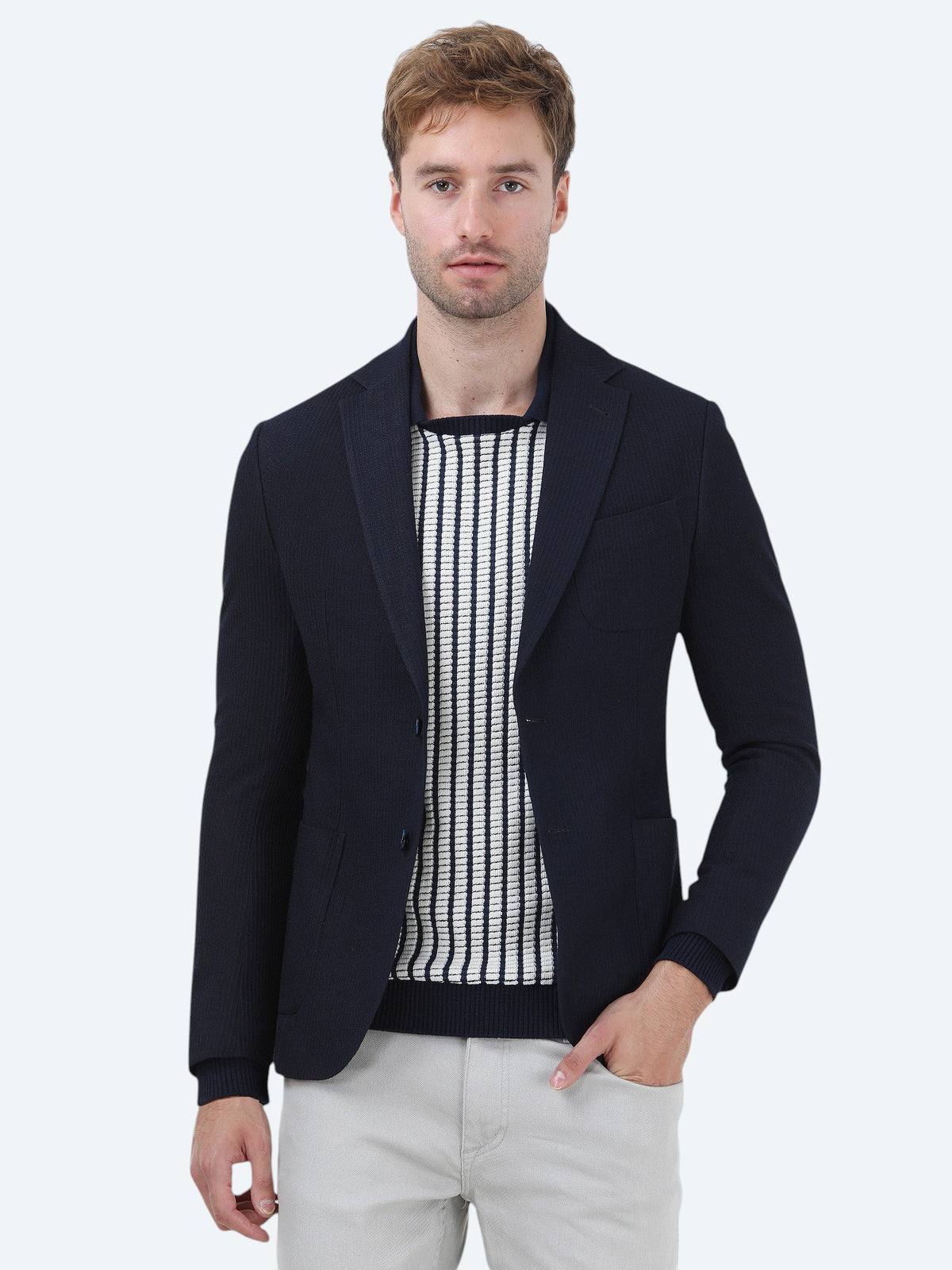 Lacivert Çizgili Modern Fit Ceket