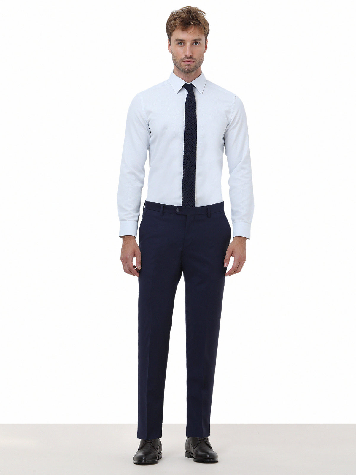 Mavi Düz Slim Fit Uzun Dokuma Klasik Pamuk Karışımlı Gömlek