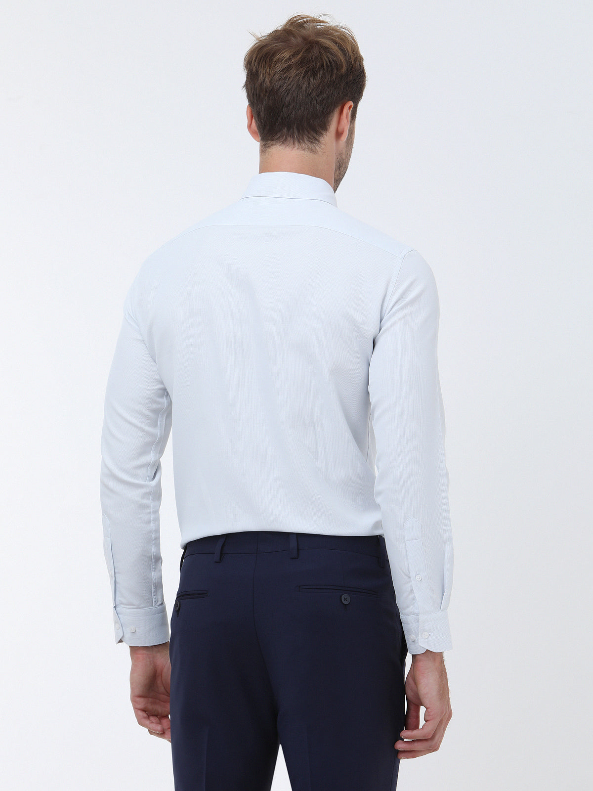 Mavi Düz Slim Fit Uzun Dokuma Klasik Pamuk Karışımlı Gömlek