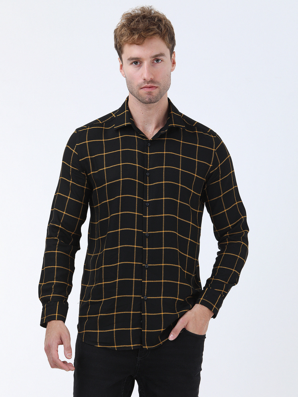 Siyah Kareli Regular Fit Uzun Dokuma Casual Gömlek