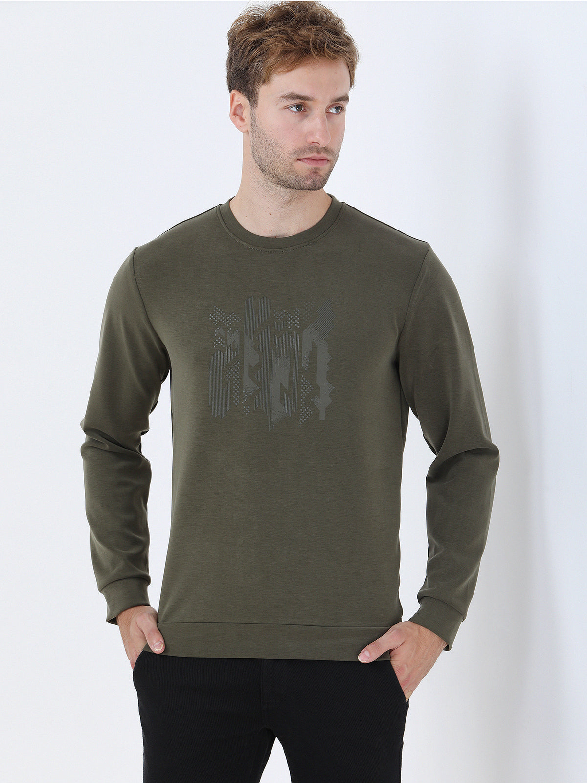 Haki Bisiklet Yaka Baskılı Sweatshirt