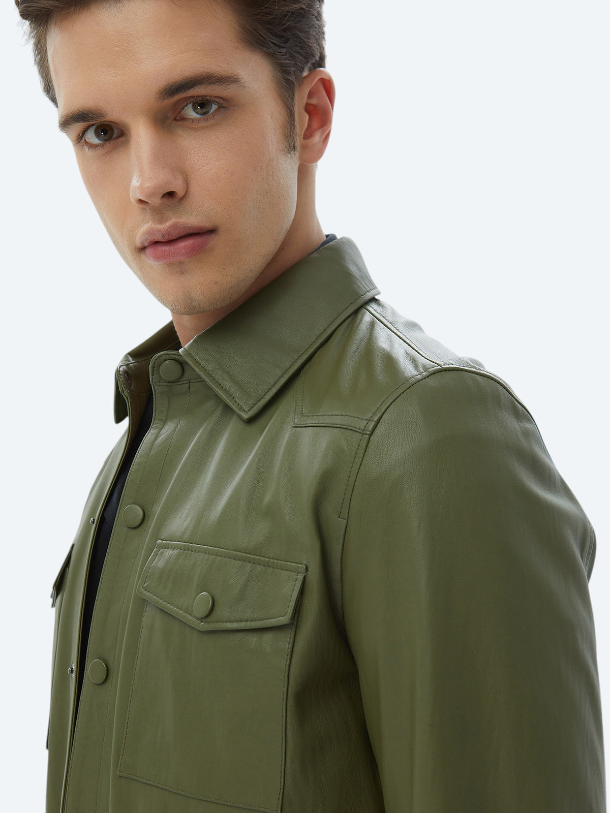 Haki Regular Fit Gömlek Yaka Smart Casual Koyun Derisi Deri Mont