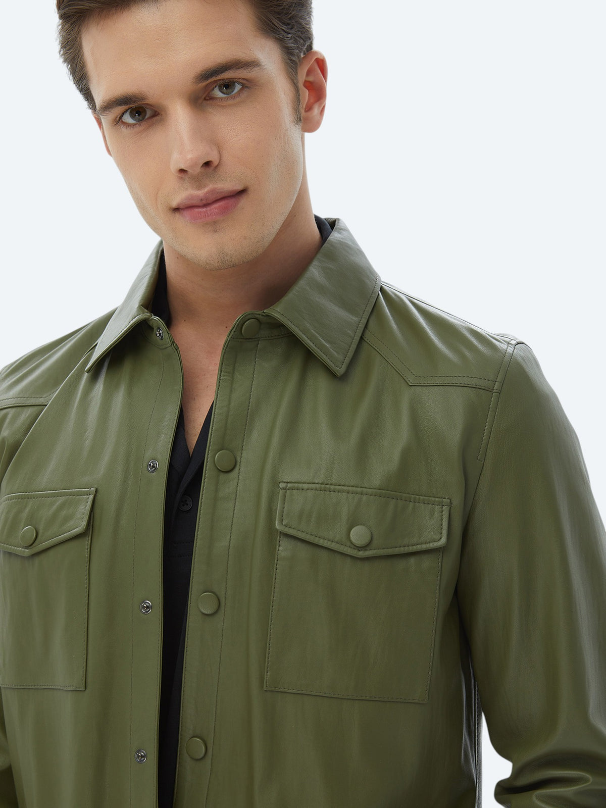 Haki Regular Fit Gömlek Yaka Smart Casual Koyun Derisi Deri Mont