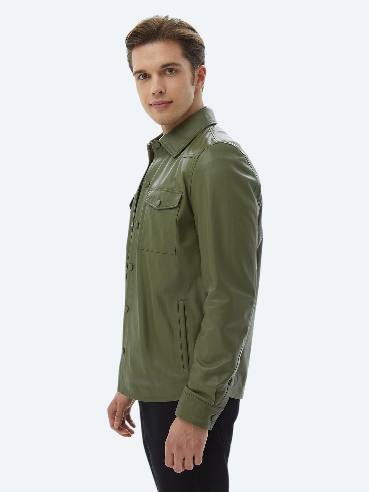 Haki Regular Fit Gömlek Yaka Smart Casual Koyun Derisi Deri Mont