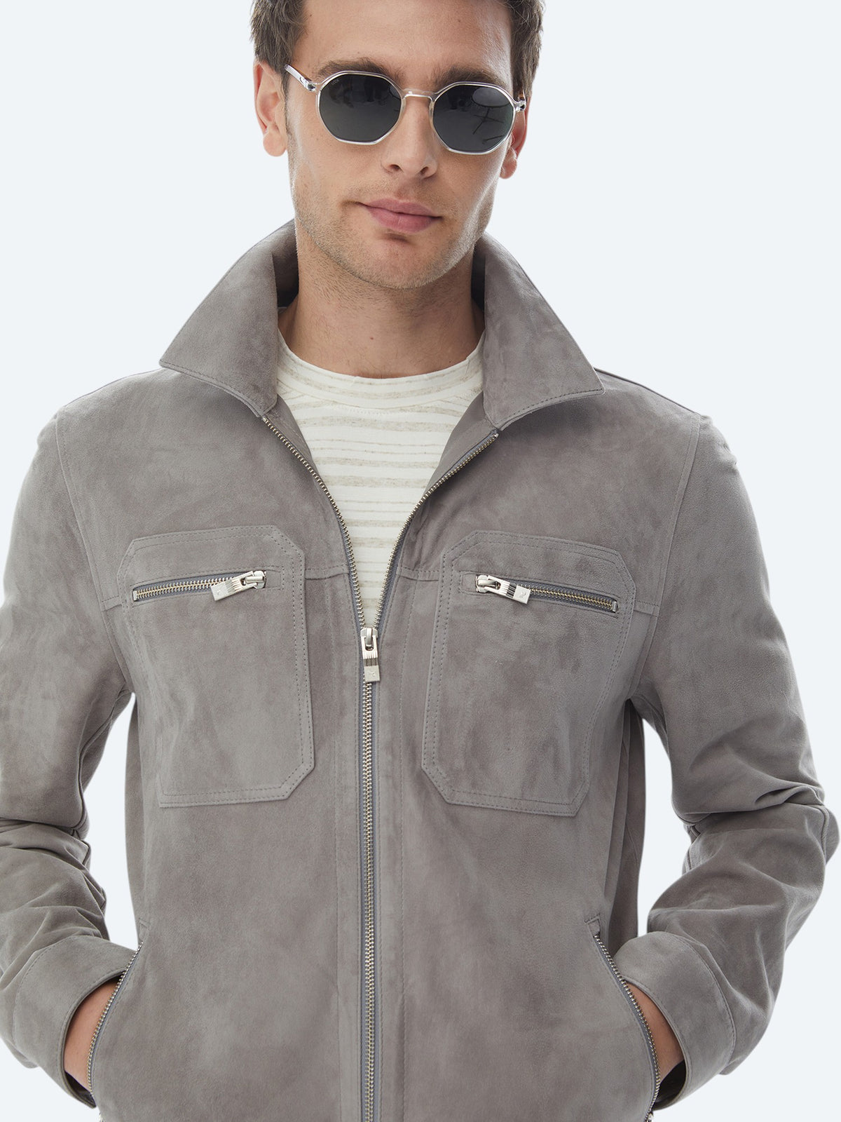 Gri Regular Fit Gömlek Yaka Smart Casual Deri Mont