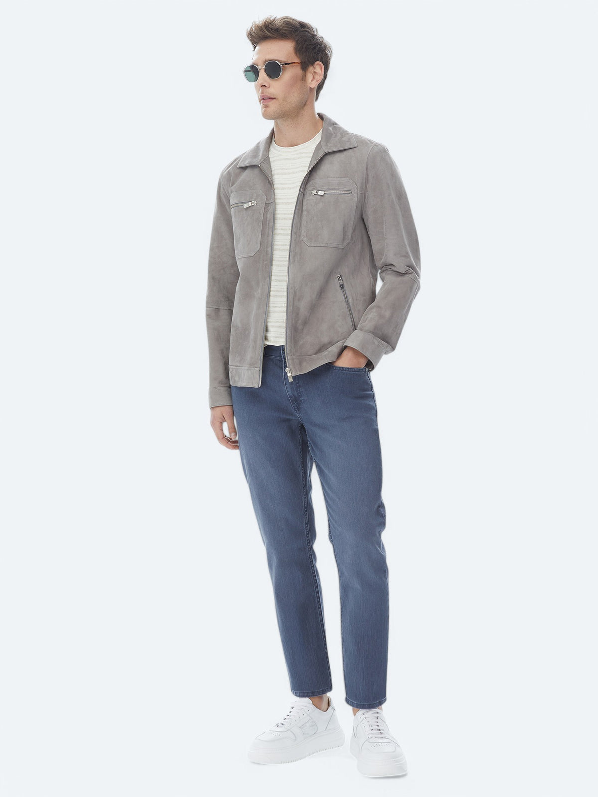 Gri Regular Fit Gömlek Yaka Smart Casual Deri Mont