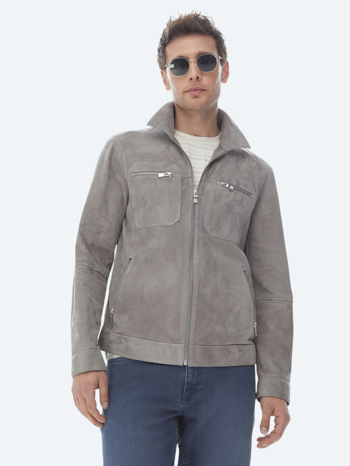 Gri Regular Fit Gömlek Yaka Smart Casual Deri Mont