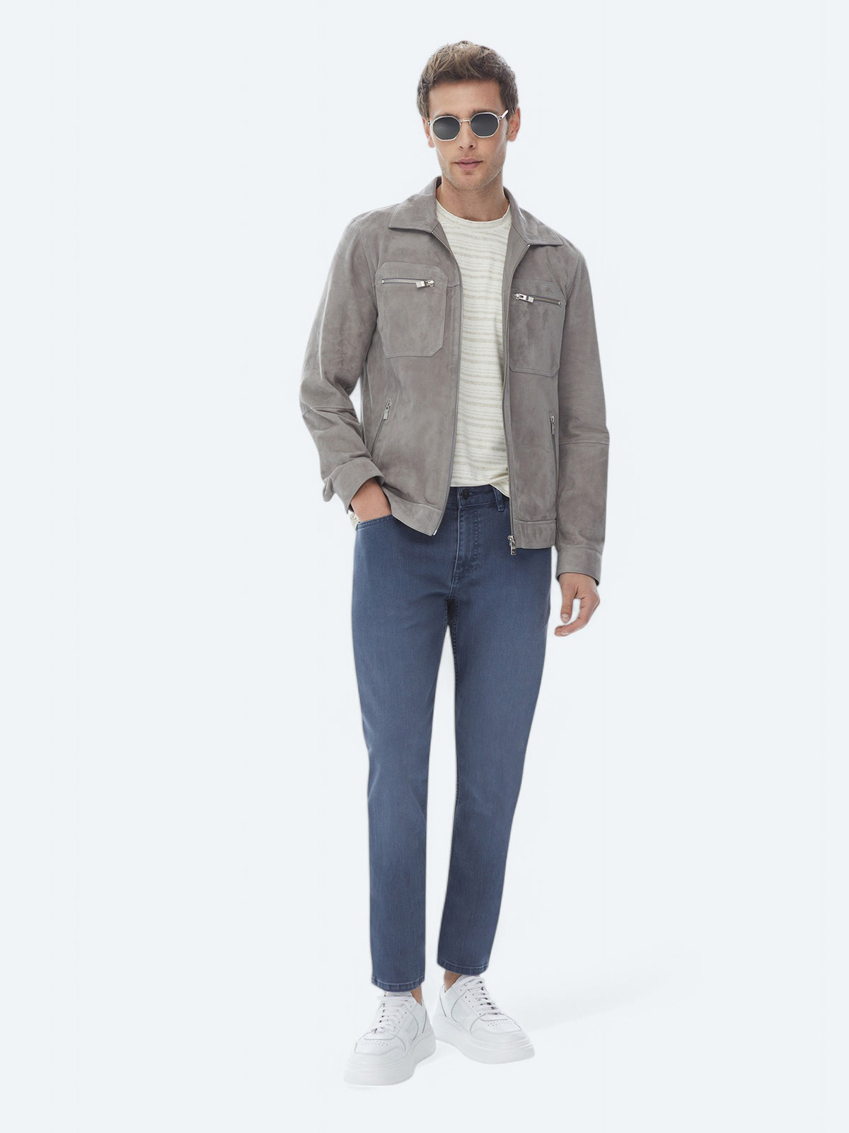 Gri Regular Fit Gömlek Yaka Smart Casual Deri Mont
