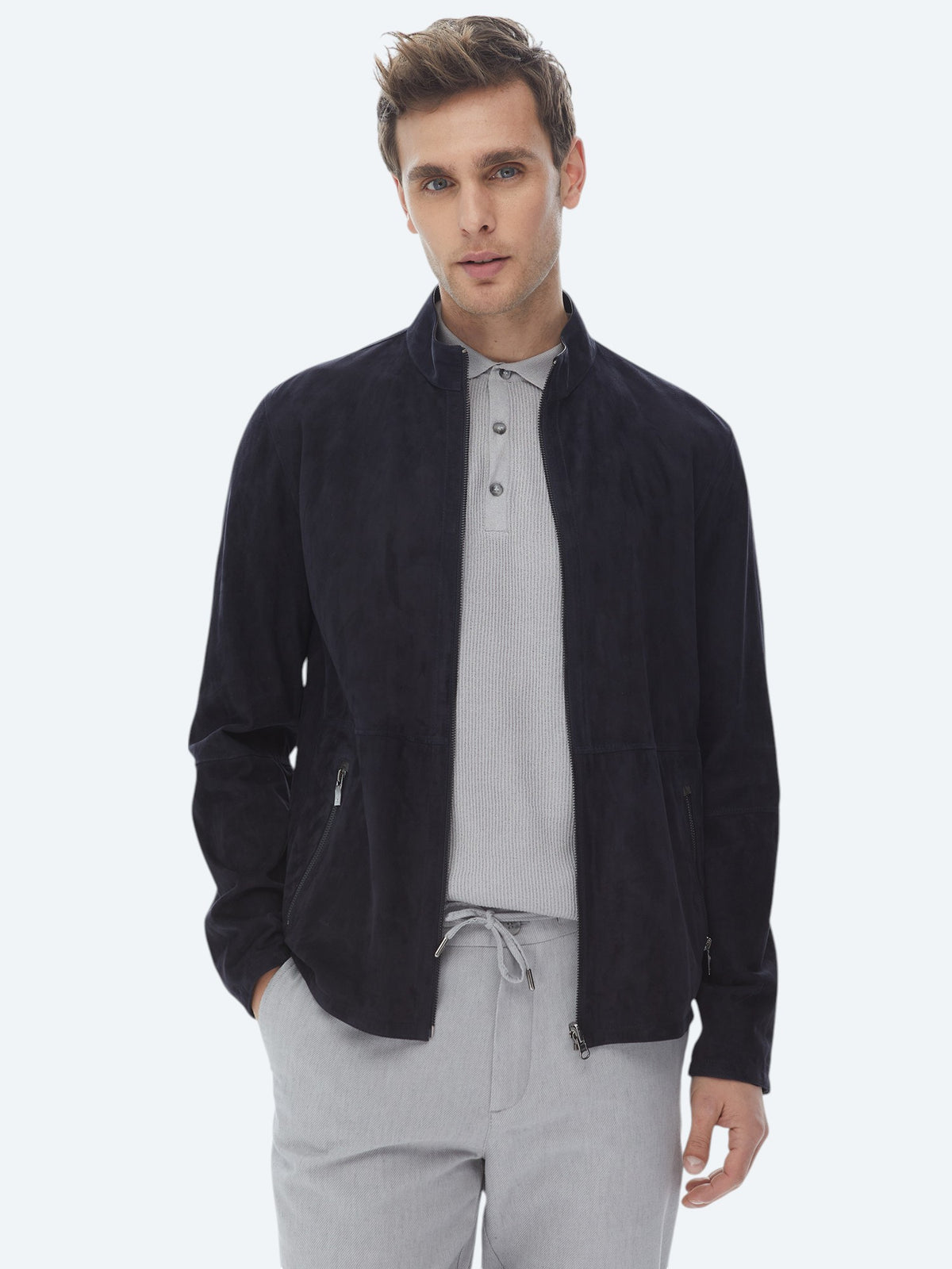 Lacivert Regular Fit Dik Yaka Smart Casual Çift Taraflı Deri Mont