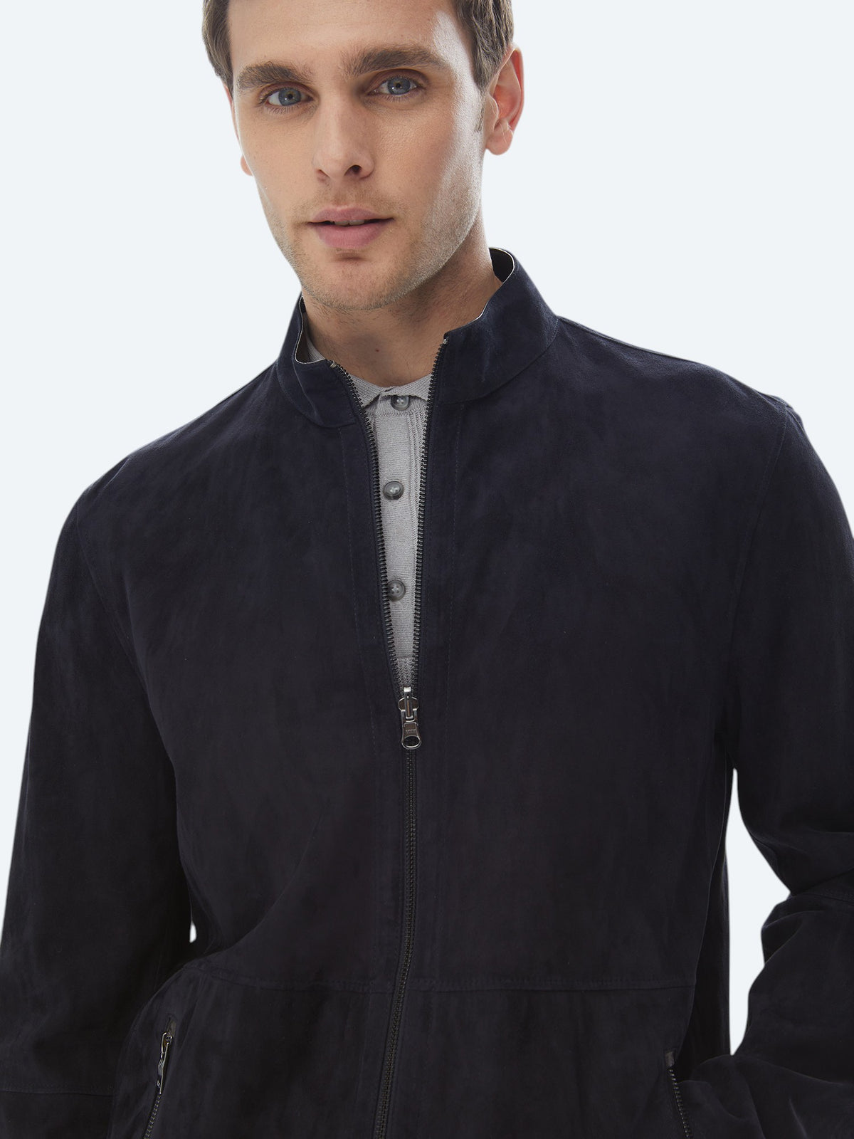 Lacivert Regular Fit Dik Yaka Smart Casual Çift Taraflı Deri Mont