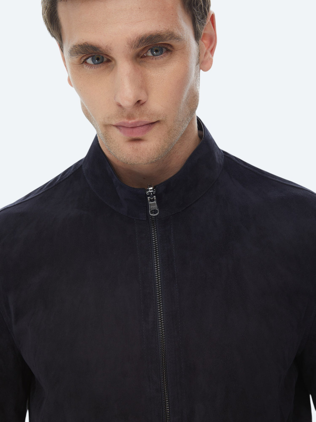 Lacivert Regular Fit Dik Yaka Smart Casual Çift Taraflı Deri Mont