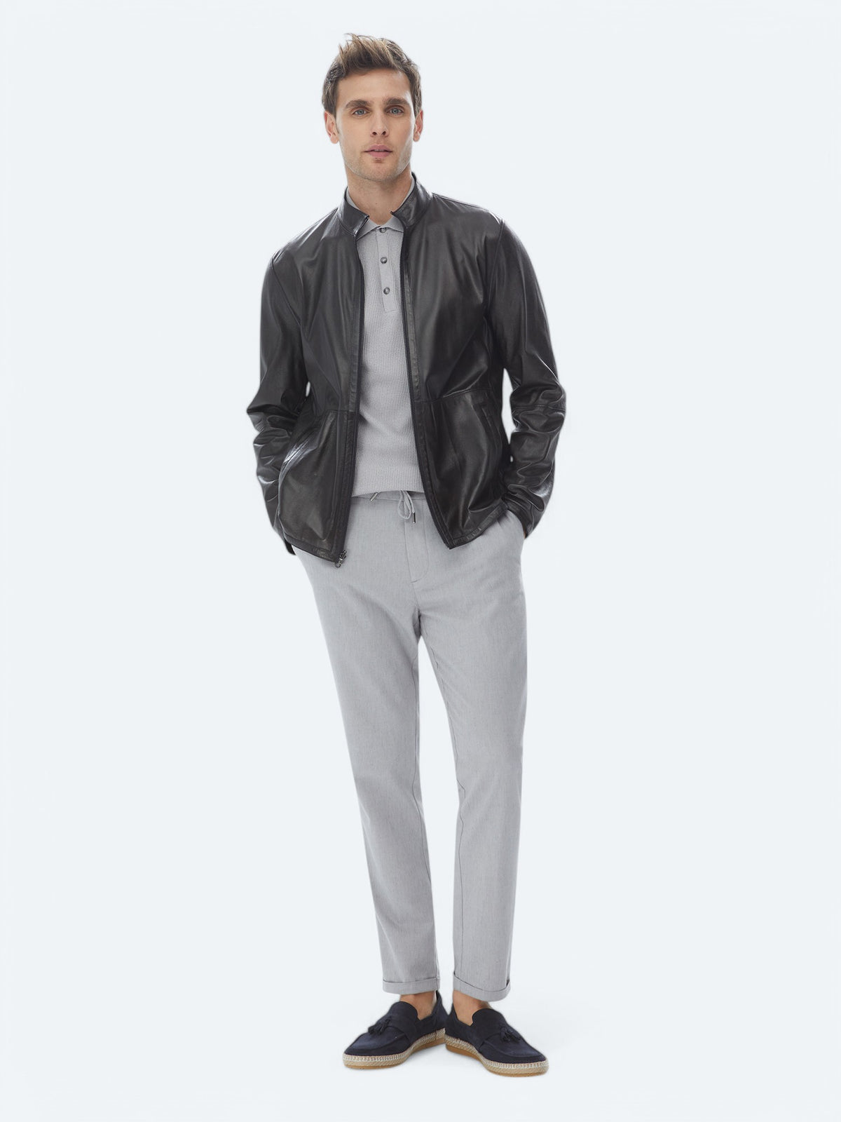 Lacivert Regular Fit Dik Yaka Smart Casual Çift Taraflı Deri Mont
