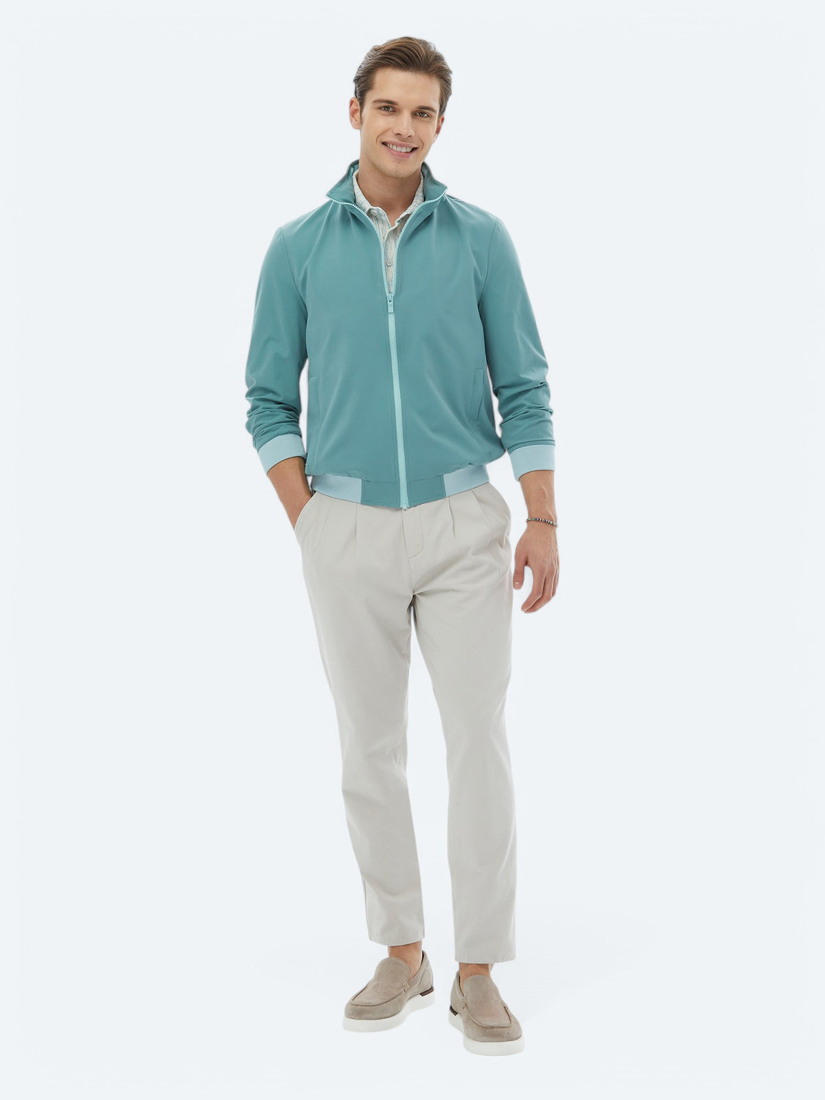 Koyu Mint Regular Fit Dik Yaka Casual Dokuma Mont