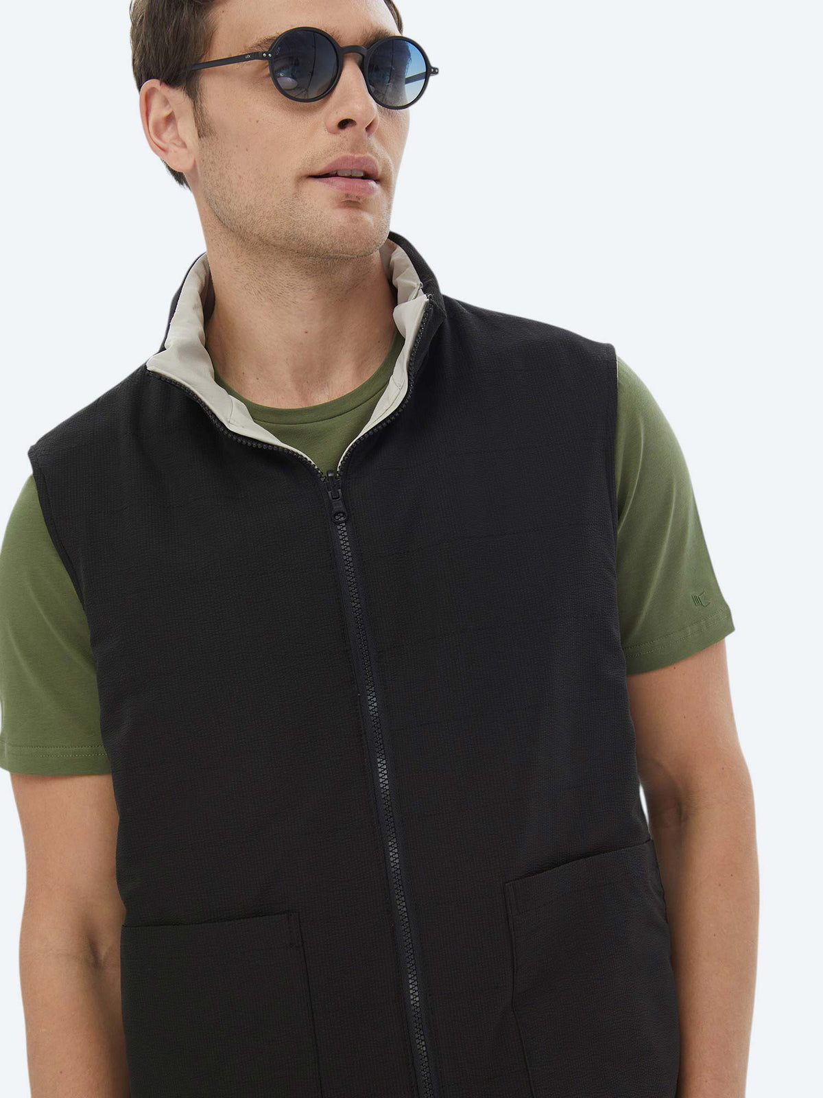 Siyah Regular Fit Gizli Kapüşon Casual Dokuma Çift Taraflı Spor Yelek