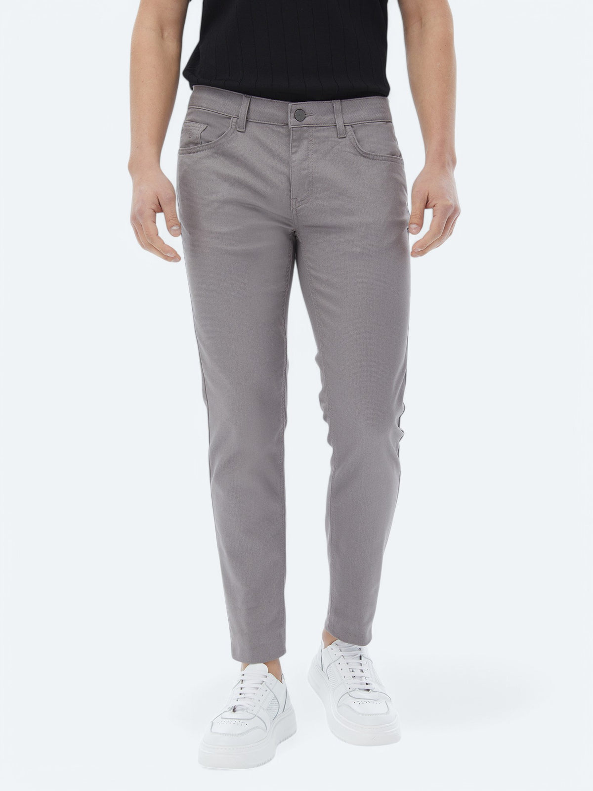 Gri Dokuma Slim Fit Casual Pamuk Karışımlı Pantolon