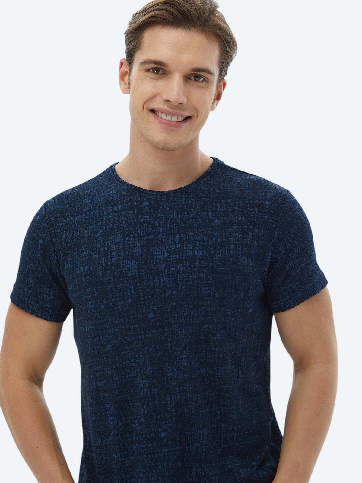 Lacivert Jakarlı Bisiklet Yaka Pamuk Karışımlı T-Shirt