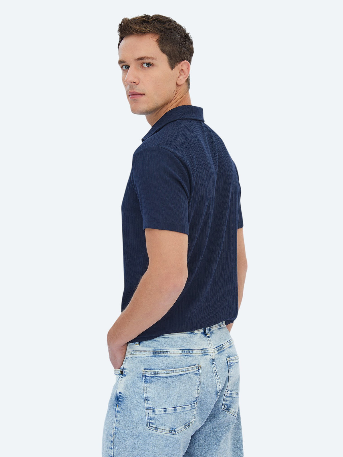 Lacivert Jakarlı Polo Yaka Pamuk Karışımlı T-Shirt