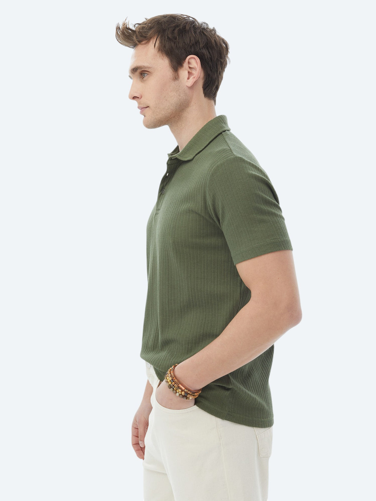 Haki Jakarlı Polo Yaka Pamuk Karışımlı T-Shirt