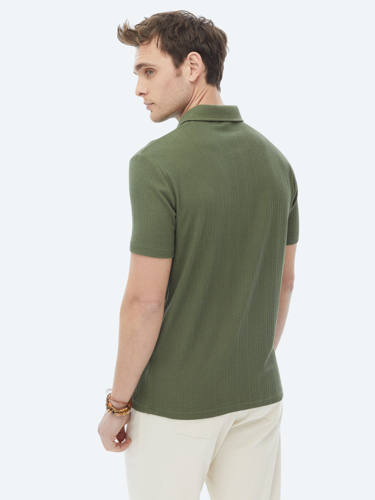Haki Jakarlı Polo Yaka Pamuk Karışımlı T-Shirt