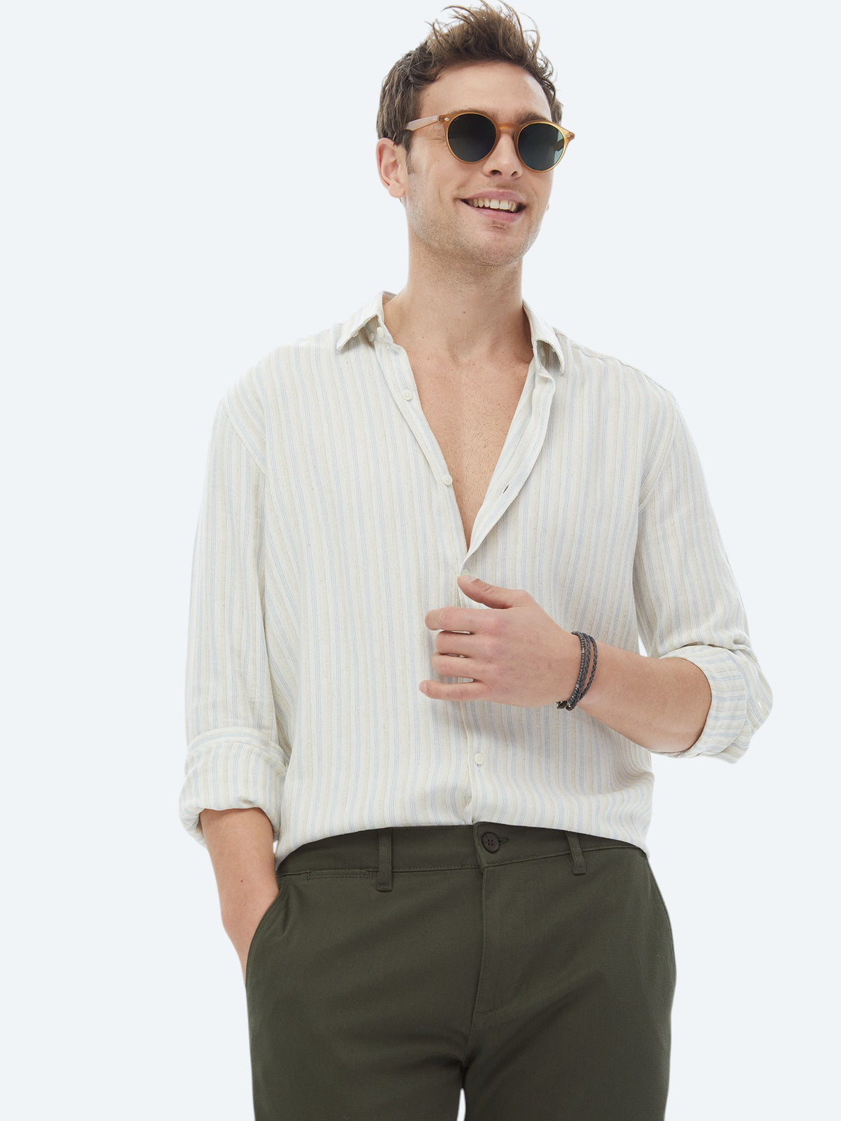Turkuaz Çizgili Regular Fit Uzun Dokuma Casual Pamuk Karışımlı Gömlek
