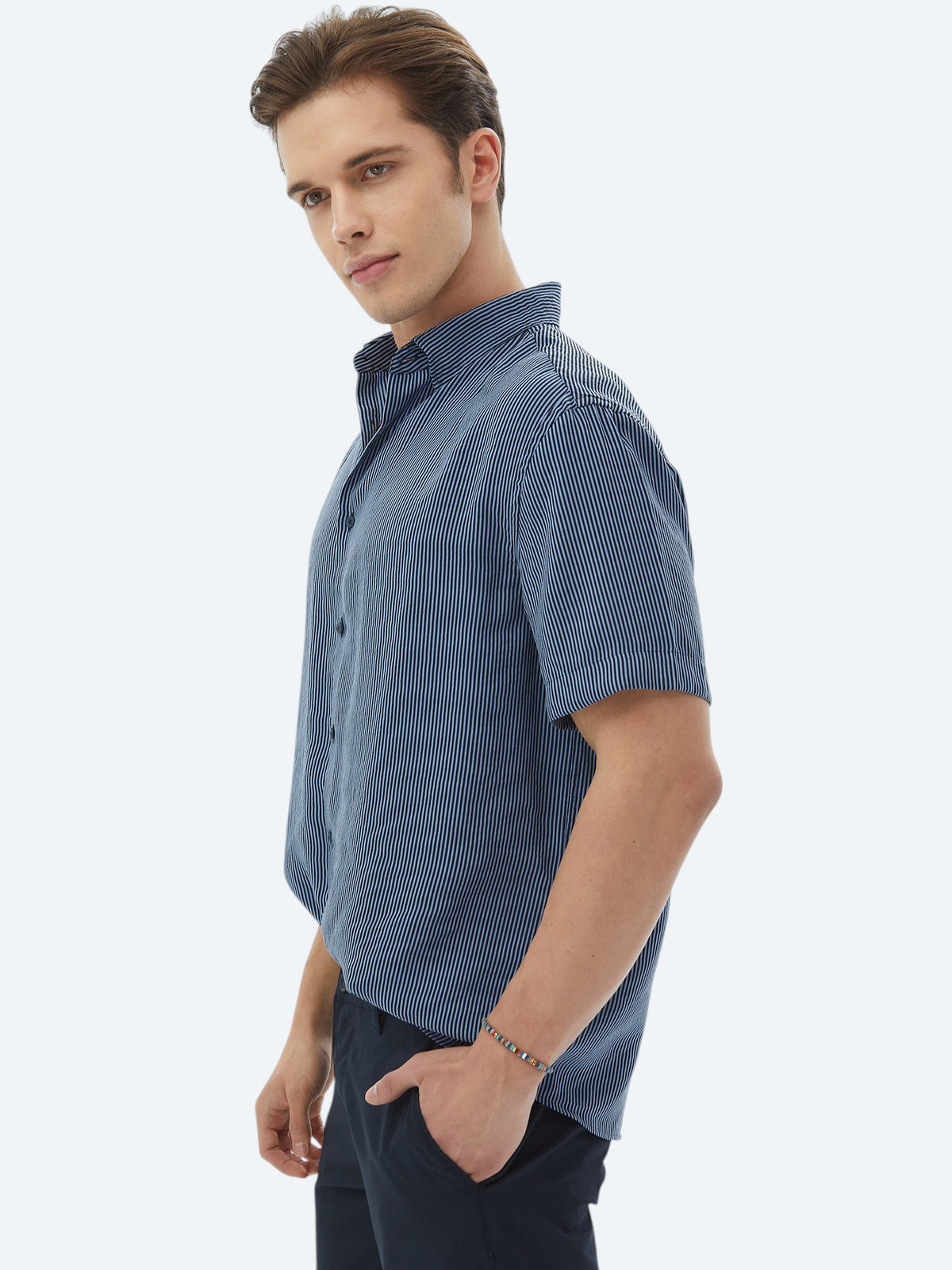 Koyu Mavi Çizgili Oversize Fit Kısa Dokuma Casual Gömlek