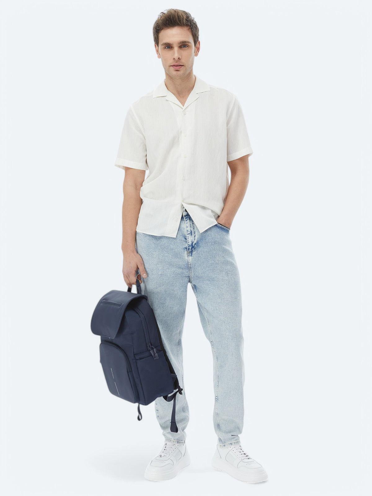 Ekru Regular Fit Kısa Dokuma Klasik Keten Karışımlı Gömlek
